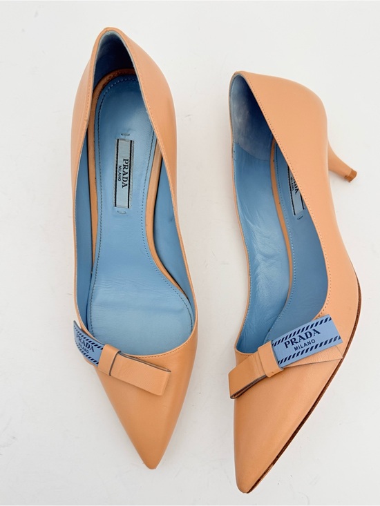 Prada Shoes - Prada Logo Bow Kitten Heel Pumps Beige Apricot Blue Leather EU 38.5 US 8.5